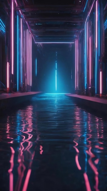 Abstract dark futuristic background blue neon light rays reflect off the water