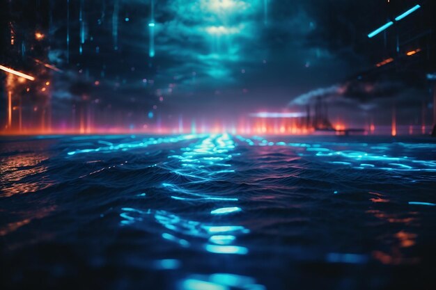 Abstract dark futuristic background blue neon light rays reflect off the water