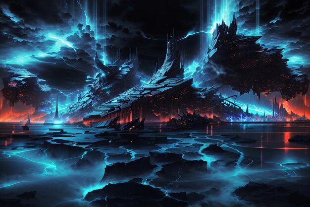 Абстрактный темный футуристический фон синие неоновые лучи света отражаются от воды