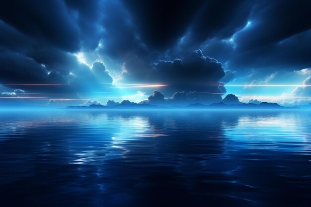 Abstract dark futuristic background blue neon light rays reflect off the water