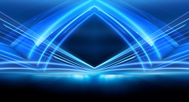 Abstract dark futuristic background Blue neon light rays reflect