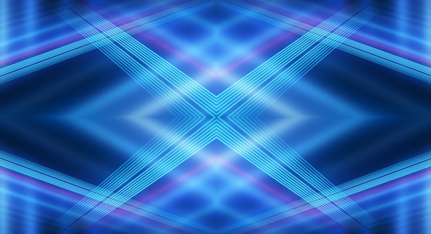 Abstract dark futuristic background Blue neon light rays reflect