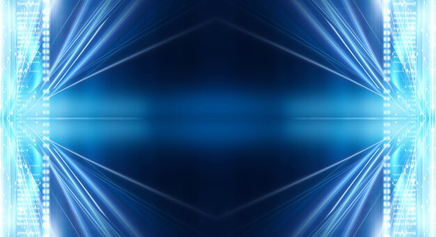 Abstract dark futuristic background Blue neon light rays reflect