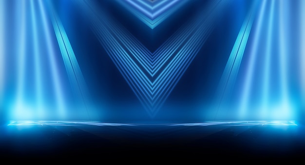 Abstract dark futuristic background Blue neon light rays reflect