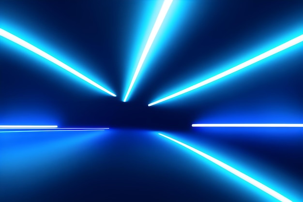 抽象的な暗い未来の背景 青いネオン光線が反射する