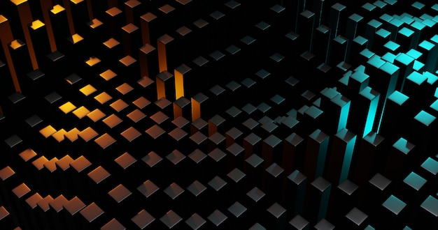Абстрактный фон темный геометрический куб с оранжевыми и синими огнями. 3D визуализация иллюстрации.