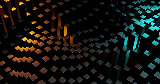 Abstract dark geometric cube background with orange and blue lights. 3D rendering illustration.