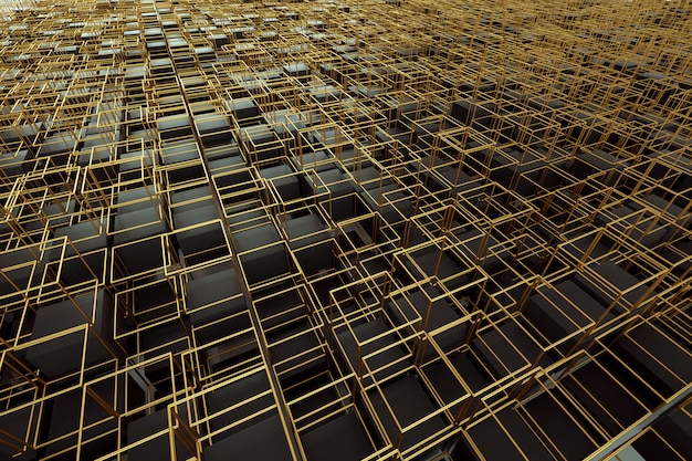 Abstract dark golden wall, cubes, modern graphic design. 3D render, 3D illustration. copy space.