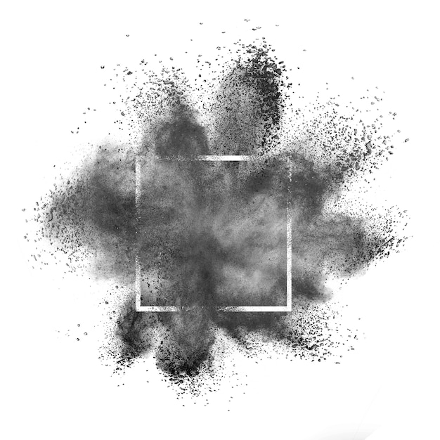 Abstract dark gray powder splash or explosion in a square frame on a white background, copy space.