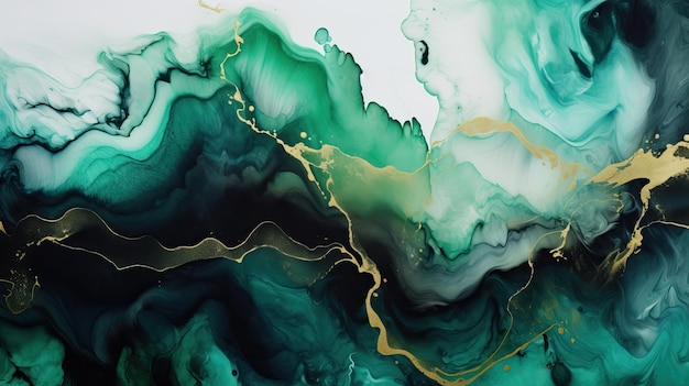 Photo abstract dark green waves in ocean and golden foamy waves in acrylic fluid art style