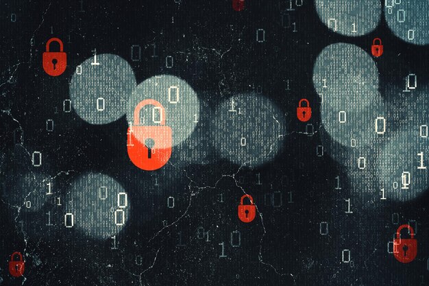 abstract dark hacking backdrop with bokeh circles and binary coding malware and phishing data theft concept 3d rendering