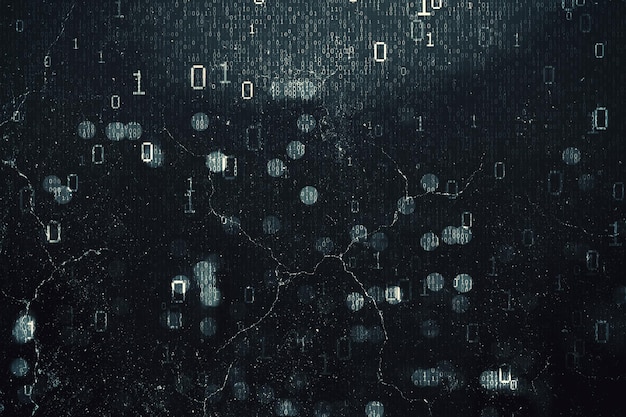 abstract dark hacking background with bokeh circles and binary coding malware and phishing data theft concept 3d rendering