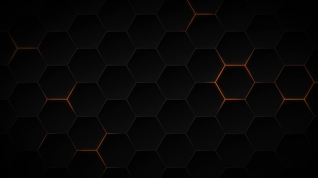 Abstract dark hexagon pattern on orange neon background technology style Modern futuristic honeycomb concept