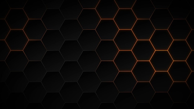 Abstract dark hexagon pattern on orange neon background technology stylefuturistic honeycomb concept