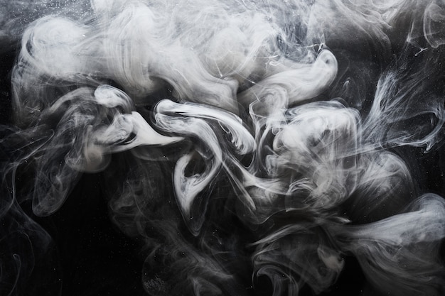 水の背景に抽象的な暗い絵の具。黒のアクリルインクの渦巻きのしぶきに白い煙の雲の動き