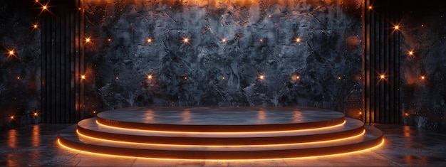 abstract dark stage with glowing orange neon lights