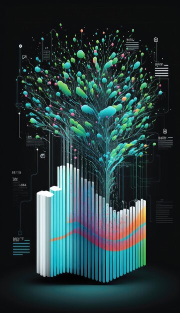Foto albero di dati astratti con flusso di informazioni colorato