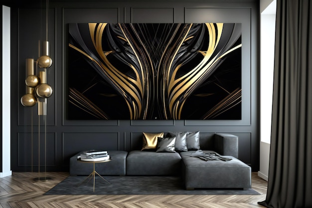 абстрактный декор в черно-золотых тонах дизайна на стене в интерьере нейрона в стиле минимализм