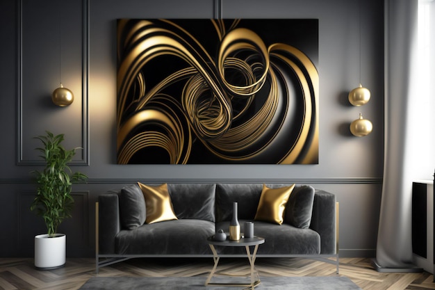 abstract deco in in black and gold design colors on the wall in a interior neural in minimalist styl