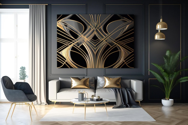 abstract deco in in black and gold design colors on the wall in a interior neural in minimalist styl