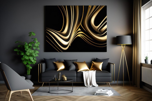 abstract deco in zwarte en gouden designkleuren op de muur in een interieur neuraal in minimalistische stijl