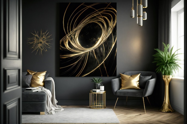 abstract deco in zwarte en gouden designkleuren op de muur in een interieur neuraal in minimalistische stijl