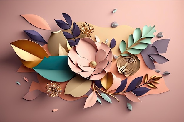 Abstract decorative composition of petals with multicolored flowers on pastel pink background create