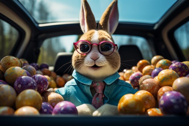 Photo abstract defocused easter scene ears bunny behind grass and decorated eggs in flowery field