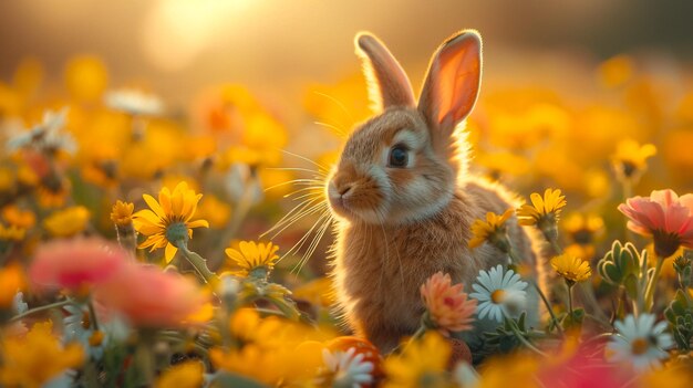 Abstract Defocused Easter Scene Ears Bunny Behind Grass And Decorated Eggs In Flowery Field