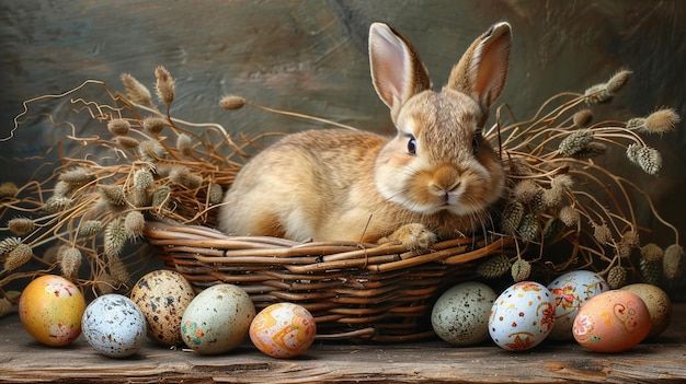 Abstract Defocused Easter Scene Ears Bunny Behind Grass And Decorated Eggs In Flowery Field