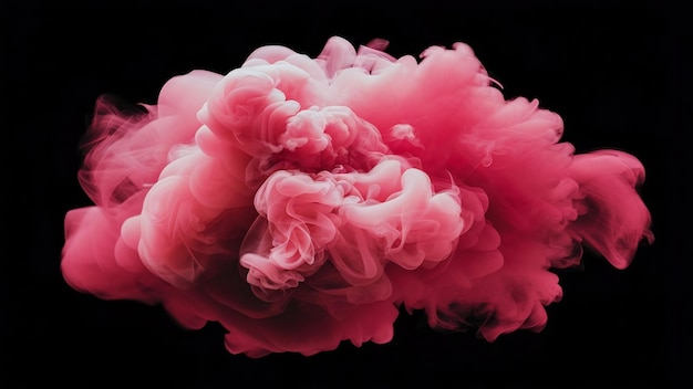 Abstract dense fluffy puffs of pink smoke on black background