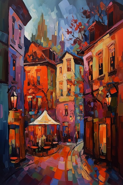 Abstract depiction of bustling streets and colorful characters