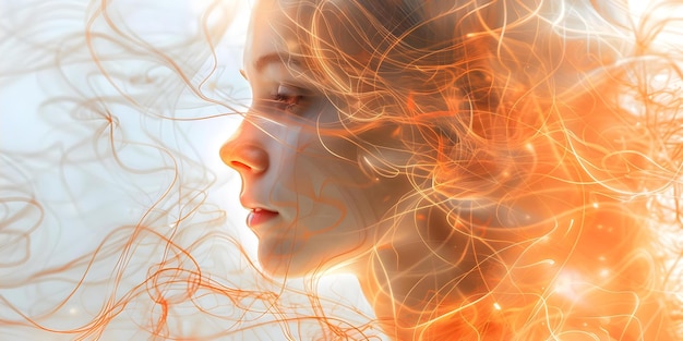 Photo abstract depiction of a girls face surrounded by luminous threads and connections concept abstract art luminous threads girl39s face connections imaginative portrait