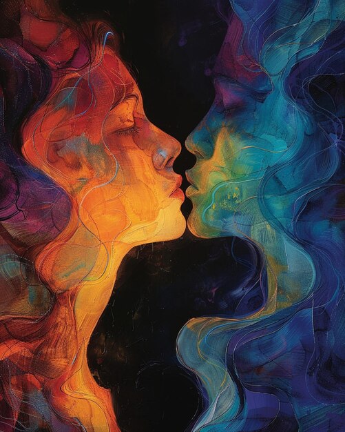 Photo an abstract depiction of a kiss with swirling colors and shapes converging at a single point