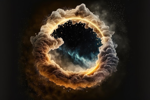 Abstract design of circle shape clouds with dying colorful particles explosion