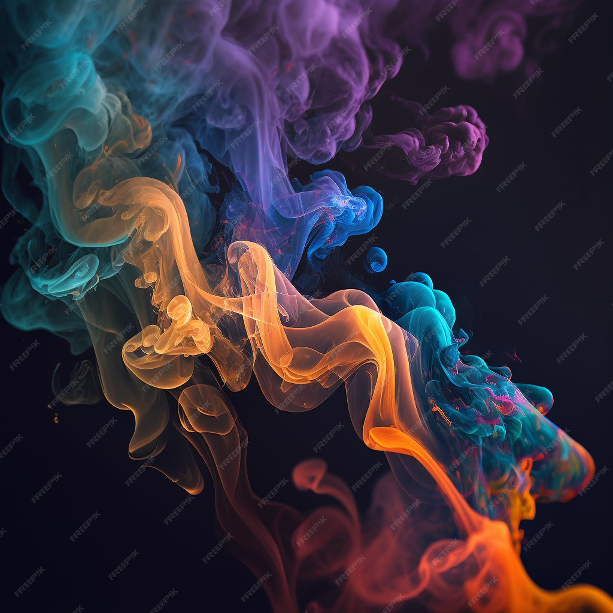 Smoke from Ultrasonic Aroma Diffuser and colorful light on black background.  Color Steam moving in dark. Real Artificial smoke in Colorful light on  black. Represent mood and tone feeling of Cyber punk