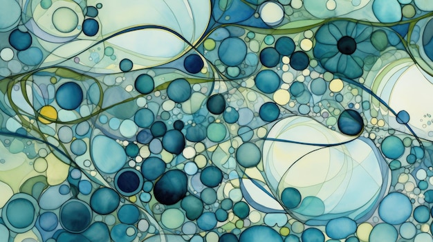 An abstract design of overlapping circles in shades of blue and green creating a playful effect