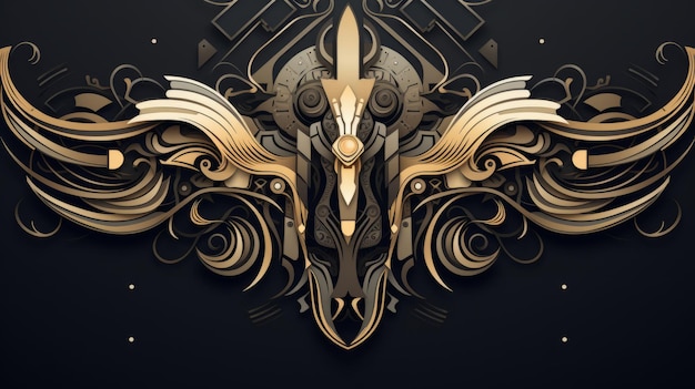 An abstract design with gold and black elements on a black background