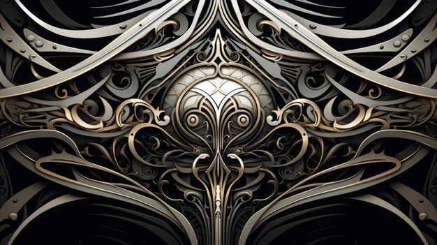 Abstract design with gold and silver swirls on a black background