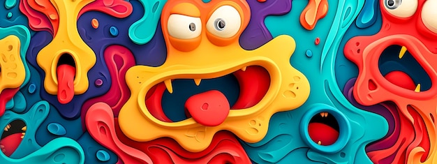 Abstract design with various anthropomorphic shapes resembling expressive cartoon faces in a