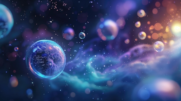 Abstract digitaal kunstwerk van gloeiende bollen en deeltjes met een prominente bol die lijkt op een planeet
