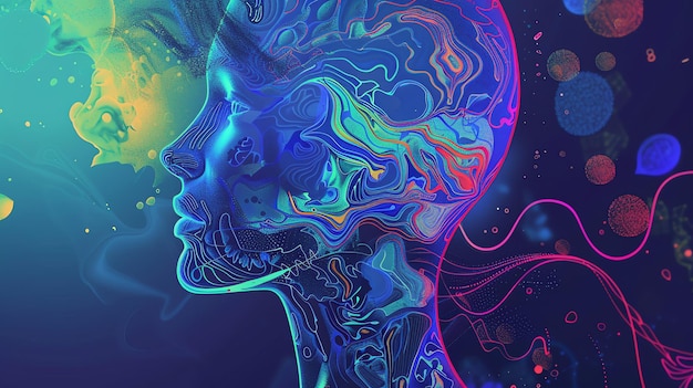 abstract digital art depicting a colorful human head with swirling lines and a vibrant background