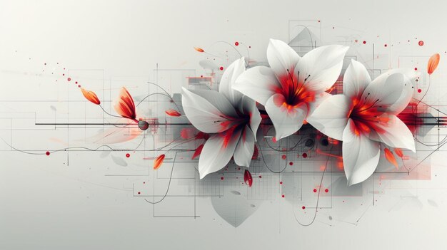 Abstract digital art poster combining white and colorful flowers with futuristic technology graphics This design perfect for web page backgrounds or PowerPoint presentations AI Generative