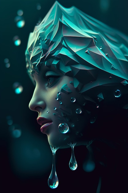 Abstract digital art of a woman's face on a object with water drops