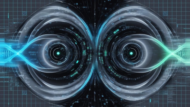 바이너리 코드와 AI 알고리즘이 백그라운드 바이너리에서 실행되는 추상적인 디지털 배경