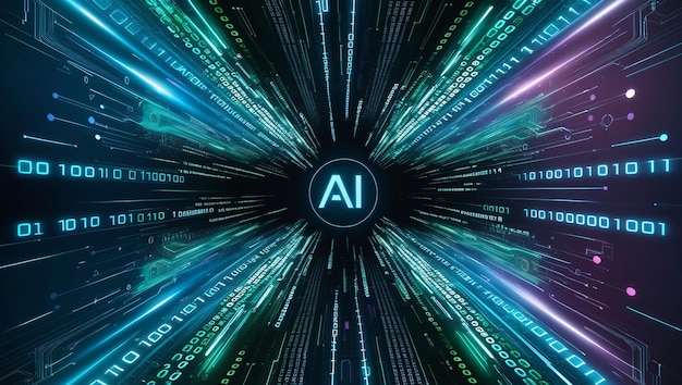 Абстрактный цифровой фон с двоичным кодом и алгоритмами ИИ, работающими в фоновом двоичном коде