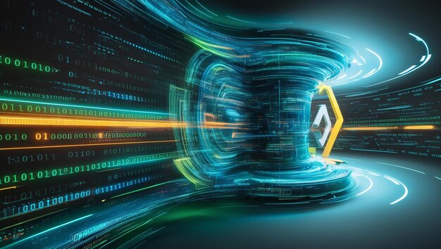 바이너리 코드와 AI 알고리즘이 백그라운드 바이너리에서 실행되는 추상적인 디지털 배경