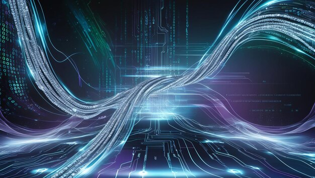 一個抽象的數碼背景,其中有二進制代碼和在二進制背景中運行的 AI 算法