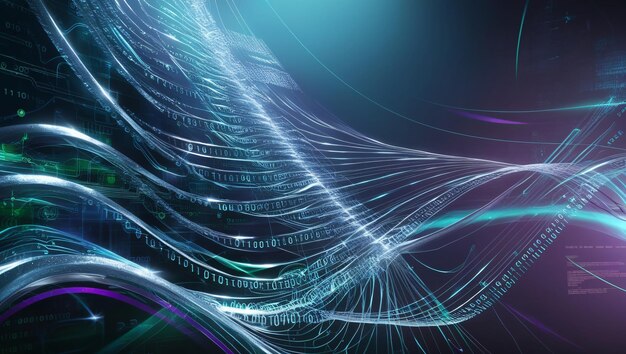 一個抽象的數碼背景,其中有二進制代碼和在二進制背景中運行的 AI 算法