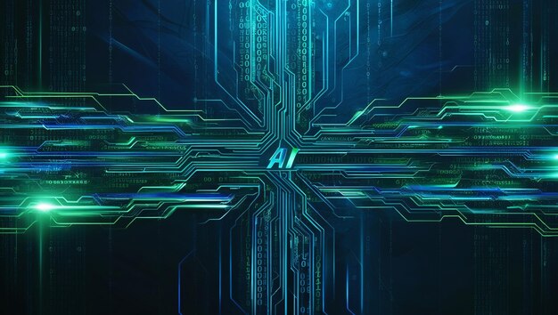 바이너리 코드와 AI 알고리즘이 백그라운드에서 실행되는 추상 디지털 배경